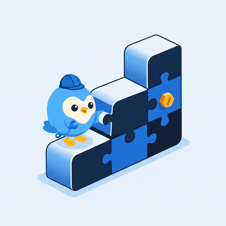 Pip, the blue bird mascot, wearing a hard hat and fitting the last blue puzzle piece into a stepped block structure on a pale blue background