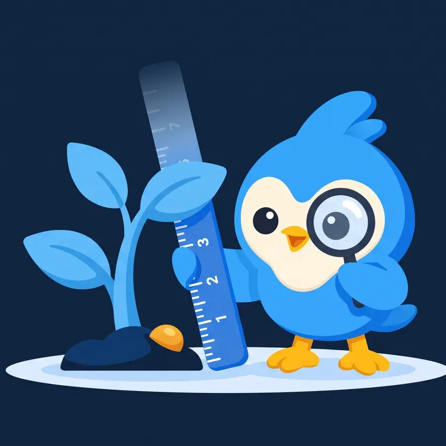 Pip, the blue bird mascot, measuring a sprouting plant with a ruler, half the ruler faded to show unknowns