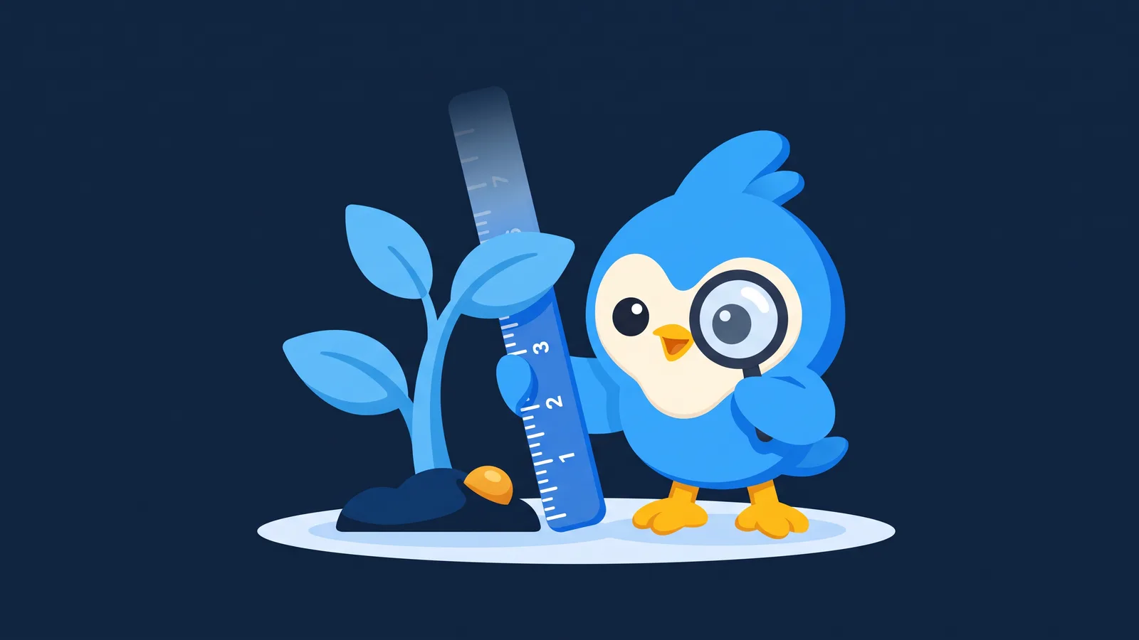 Pip, the blue bird mascot, measuring a sprouting plant with a ruler, half the ruler faded to show unknowns