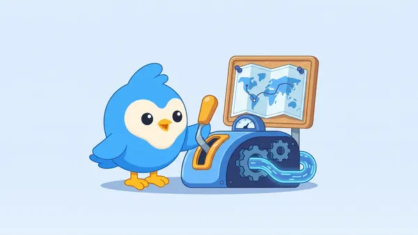 Pip, the blue bird mascot, pulling a lever on a whimsical machine while next to it a real map is pinned, comparing them