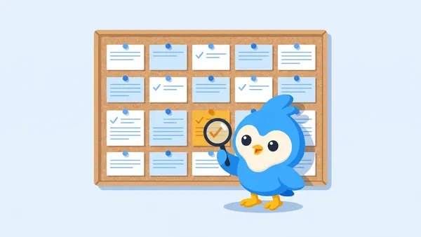 Pip, the blue bird mascot, standing in front of a big corkboard full of index cards pinned in a grid, one pinned amber