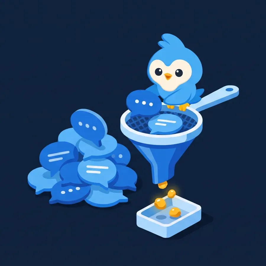 Pip, the blue bird mascot, sorting a pile of speech bubbles into a funnel with a sieve, a few gold nuggets come out