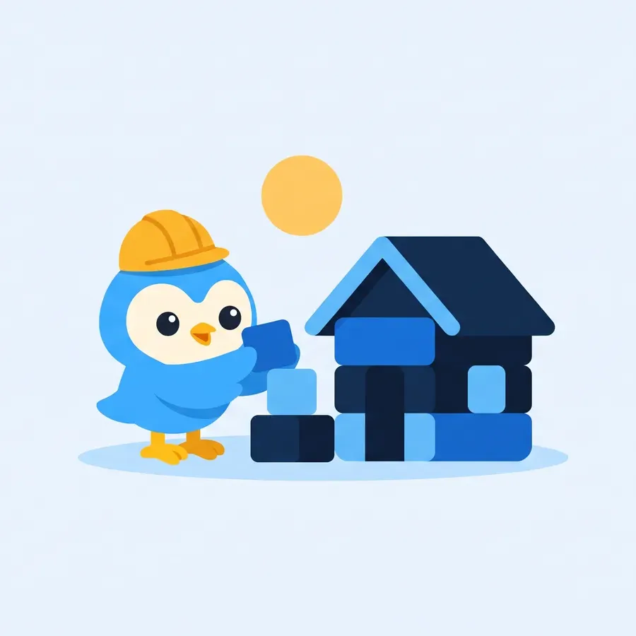 Pip, the blue bird mascot, with a hard hat stacking blocks into a small weekend cabin shape, a sun low in the sky