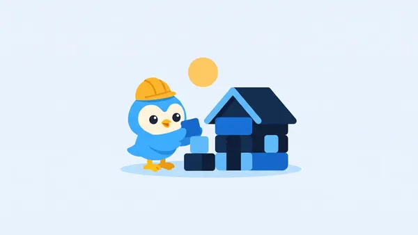 Pip, the blue bird mascot, with a hard hat stacking blocks into a small weekend cabin shape, a sun low in the sky