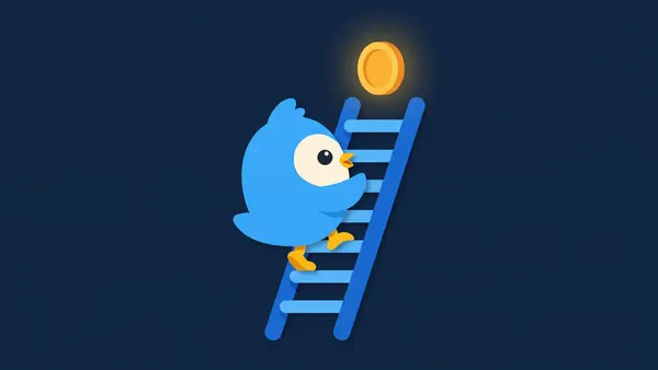 Pip, the blue bird mascot, climbing a short ladder of ten rungs toward a floating amber coin