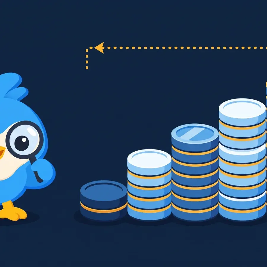 Pip, the blue bird mascot, beside a stepped staircase of coin stacks of increasing heights, a dotted range bracket floating