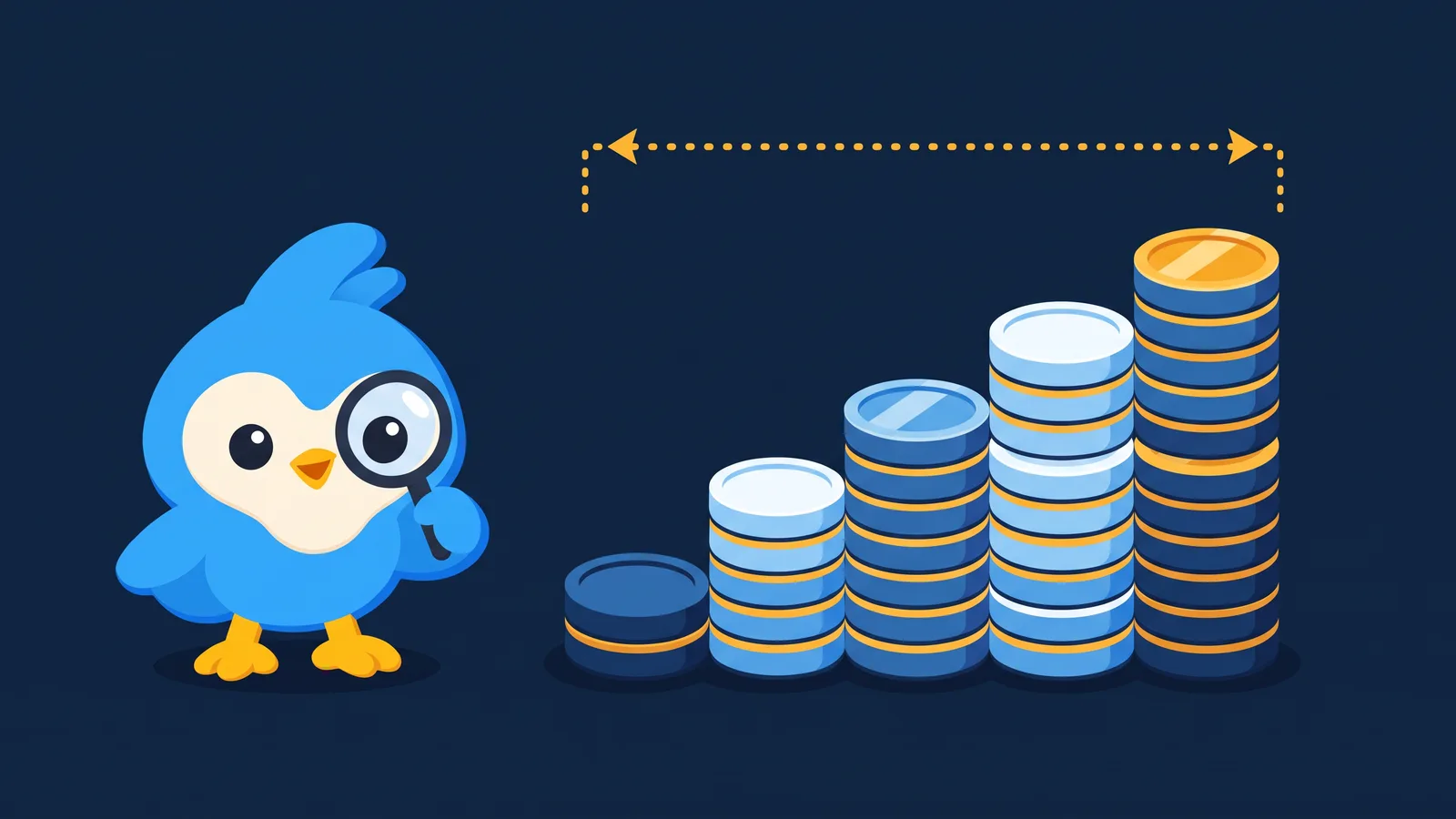 Pip, the blue bird mascot, beside a stepped staircase of coin stacks of increasing heights, a dotted range bracket floating