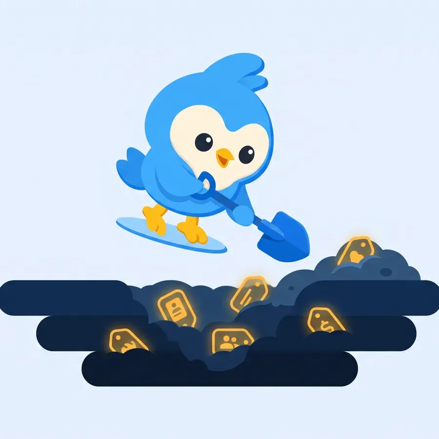 Pip, the blue bird mascot, digging with a small shovel, uncovering glowing tag shapes in layered soil