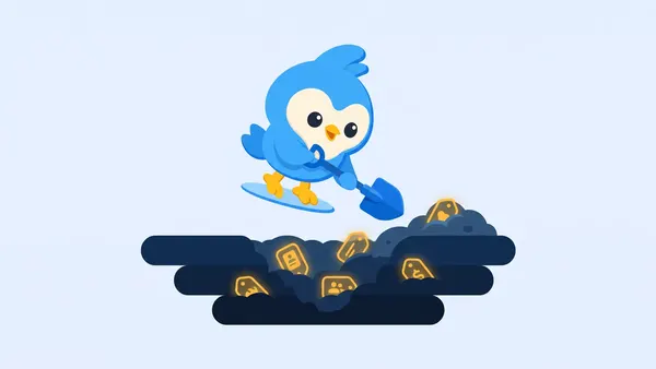 Pip, the blue bird mascot, digging with a small shovel, uncovering glowing tag shapes in layered soil