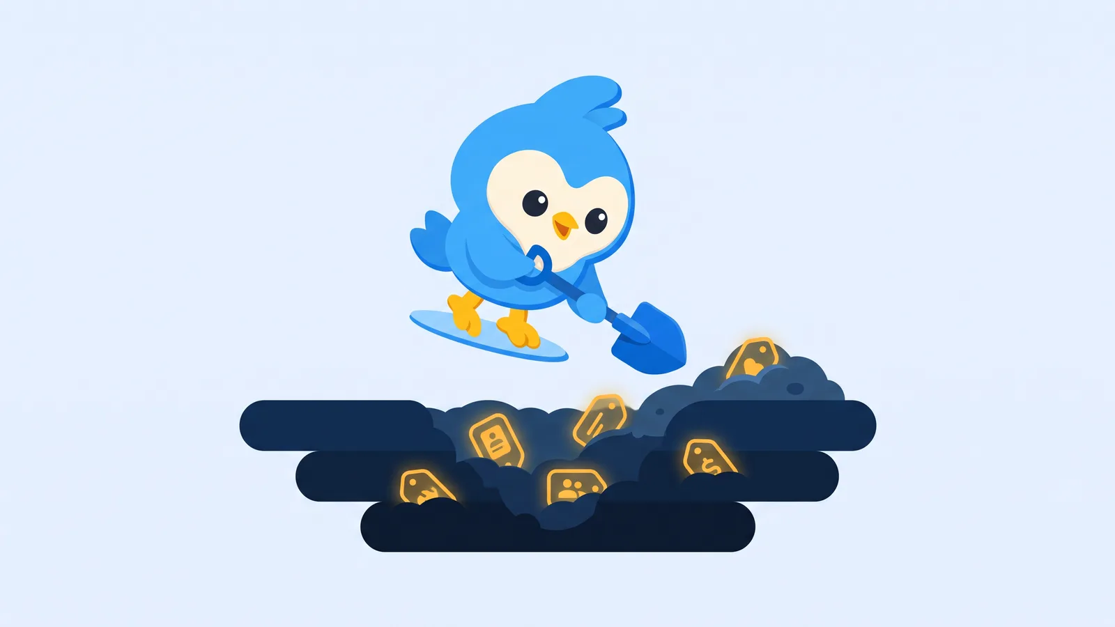 Pip, the blue bird mascot, digging with a small shovel, uncovering glowing tag shapes in layered soil