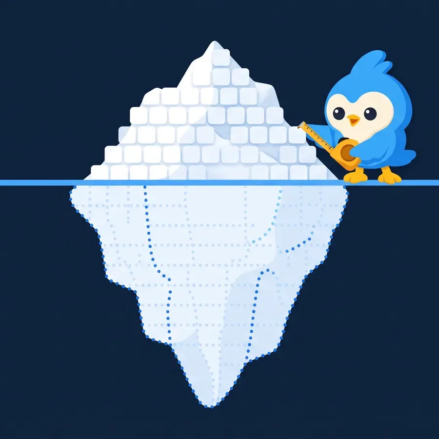 Pip the blue bird measures the tip of an iceberg made of white tiles, with the much larger hidden part outlined below the waterline