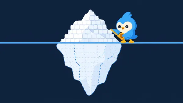 Pip the blue bird measures the tip of an iceberg made of white tiles, with the much larger hidden part outlined below the waterline