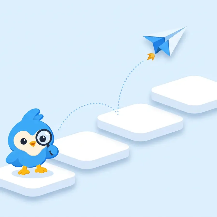 Pip stands at the foot of three rising white steps while a paper plane climbs along a dotted path above them
