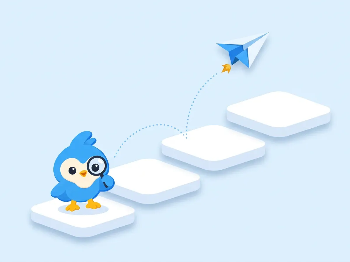 Pip stands at the foot of three rising white steps while a paper plane climbs along a dotted path above them