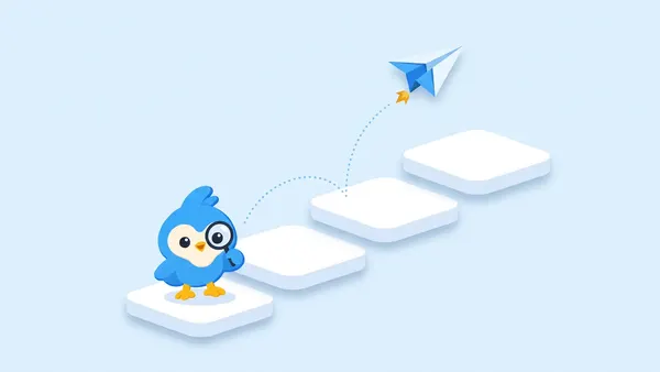 Pip stands at the foot of three rising white steps while a paper plane climbs along a dotted path above them