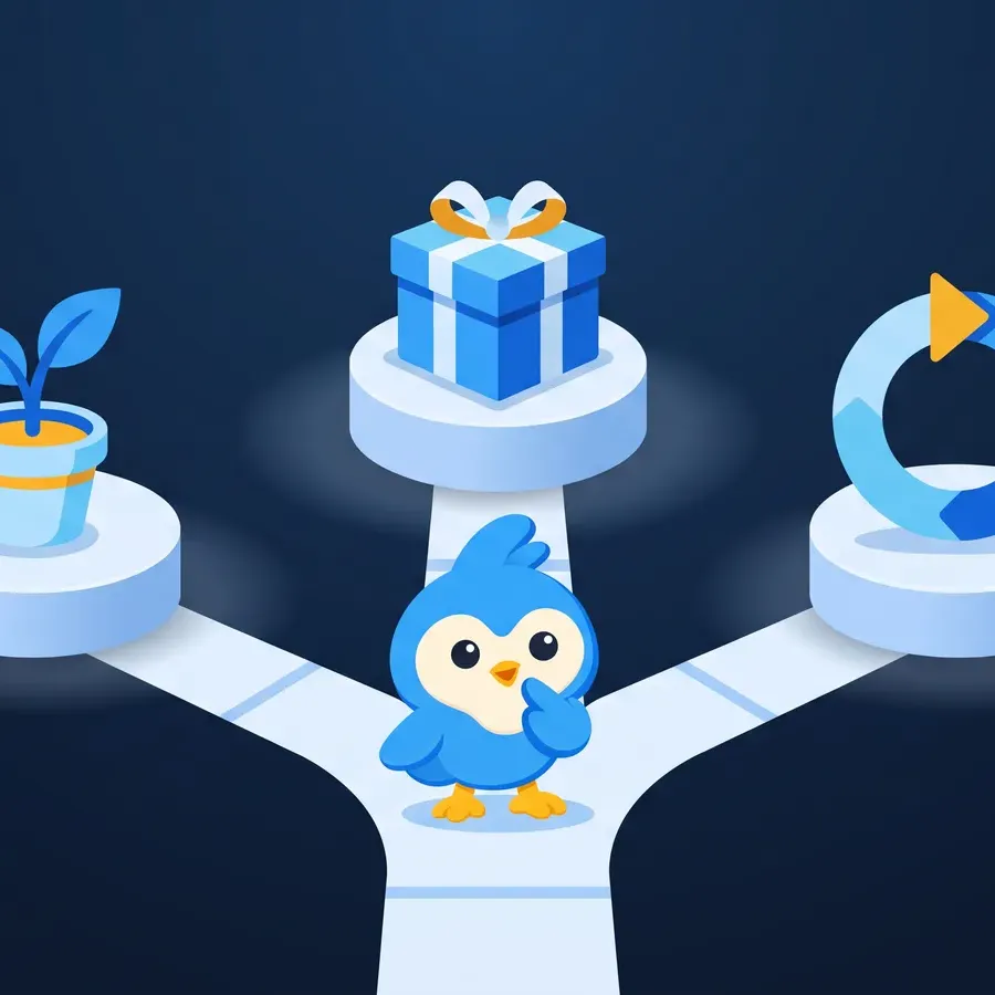 Pip stands where a path splits three ways, toward a seedling, a gift box and a looping arrow on separate pedestals