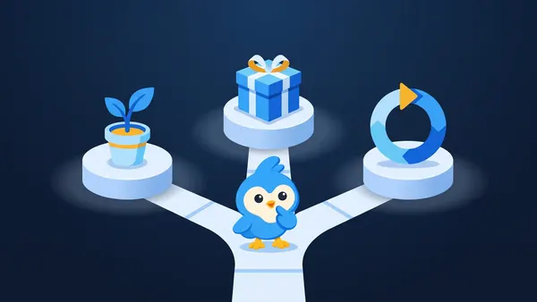 Pip stands where a path splits three ways, toward a seedling, a gift box and a looping arrow on separate pedestals