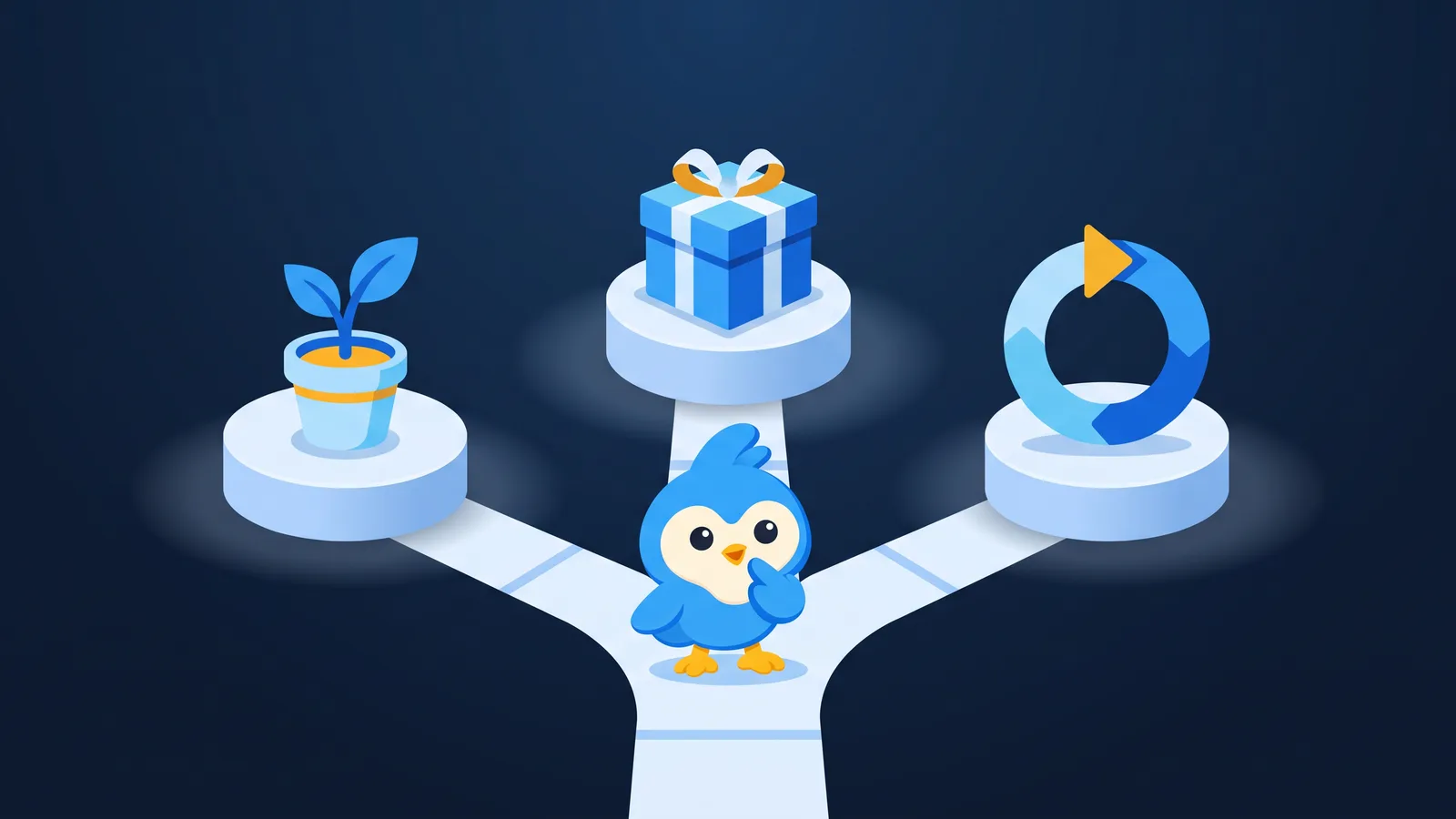 Pip stands where a path splits three ways, toward a seedling, a gift box and a looping arrow on separate pedestals