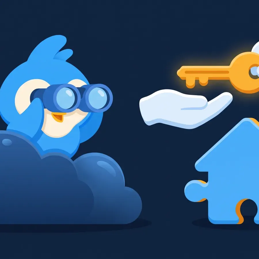 Pip, the blue bird mascot, watching through binoculars from behind a round bush as one hand passes a large key to another hand above a house-shaped puzzle piece