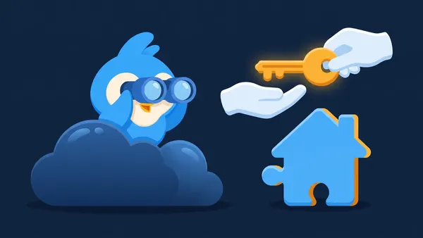 Pip, the blue bird mascot, watching through binoculars from behind a round bush as one hand passes a large key to another hand above a house-shaped puzzle piece