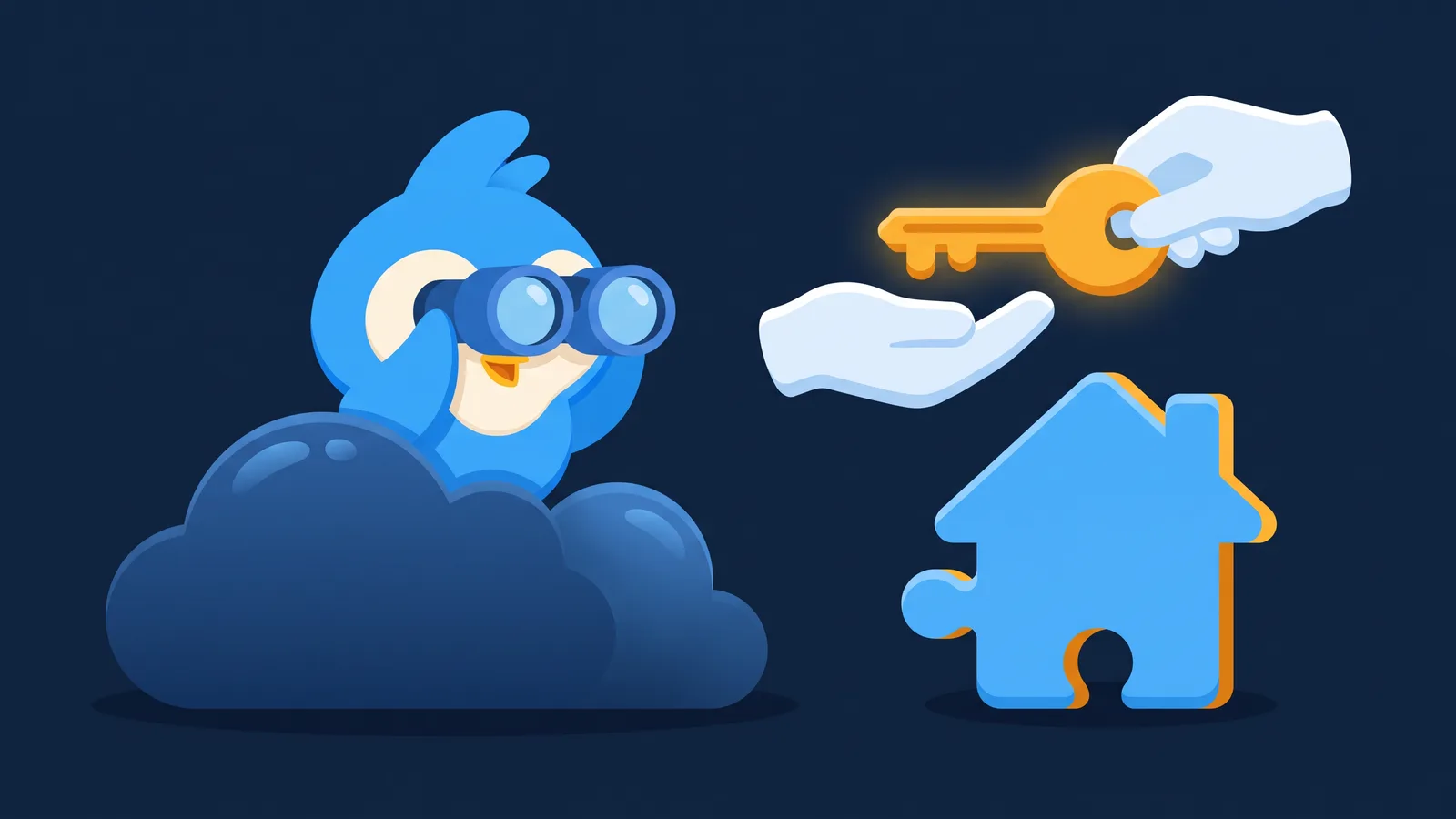 Pip, the blue bird mascot, watching through binoculars from behind a round bush as one hand passes a large key to another hand above a house-shaped puzzle piece