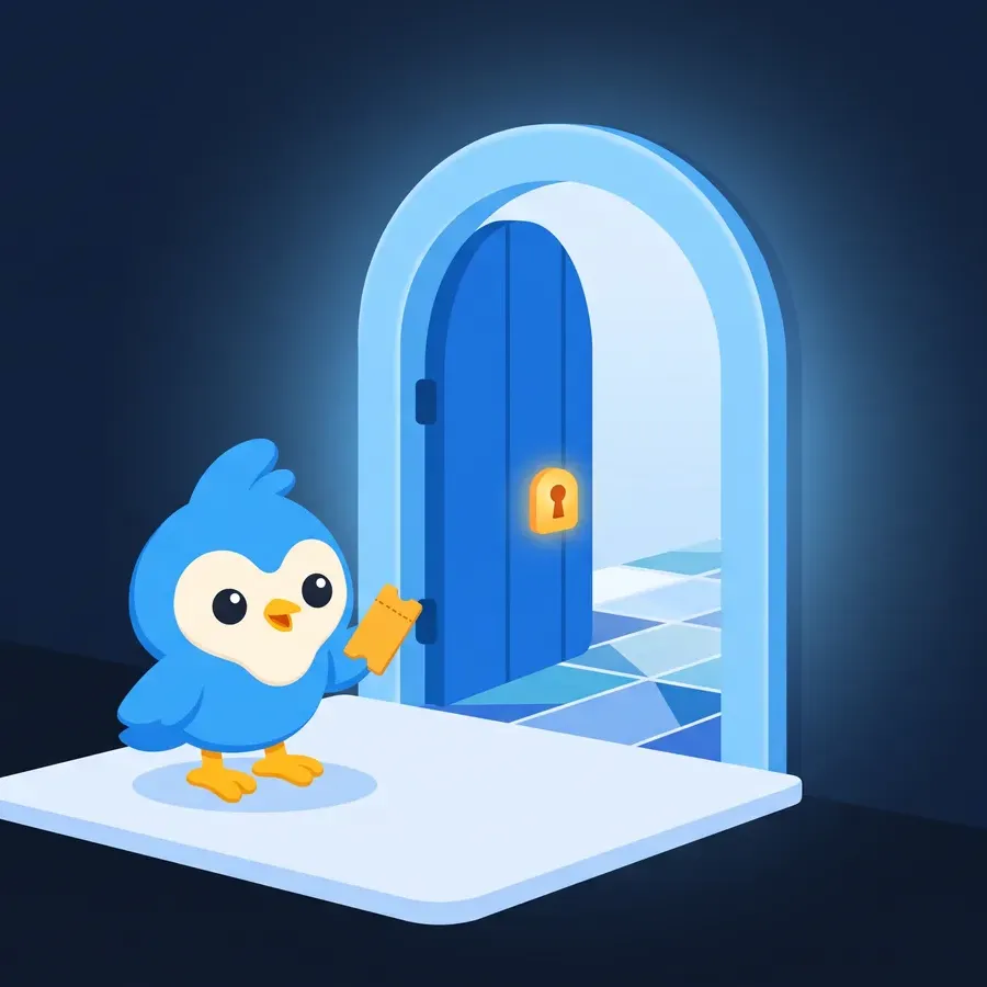 Pip holds a gold ticket in front of a glowing gate fastened with an amber lock