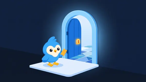 Pip holds a gold ticket in front of a glowing gate fastened with an amber lock