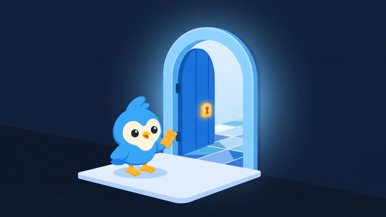 Pip holds a gold ticket in front of a glowing gate fastened with an amber lock
