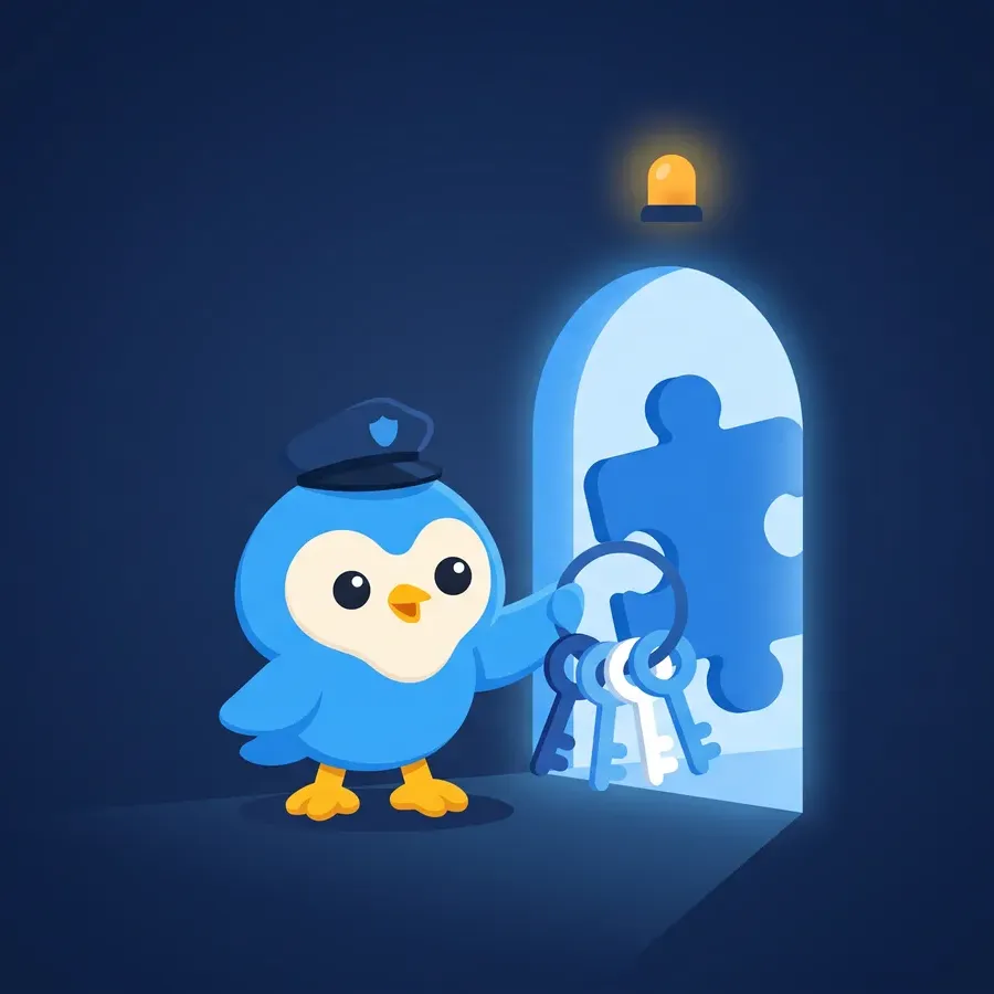 Pip in a guard cap stops a puzzle piece carrying a bigger ring of keys at a glowing doorway under an amber warning light