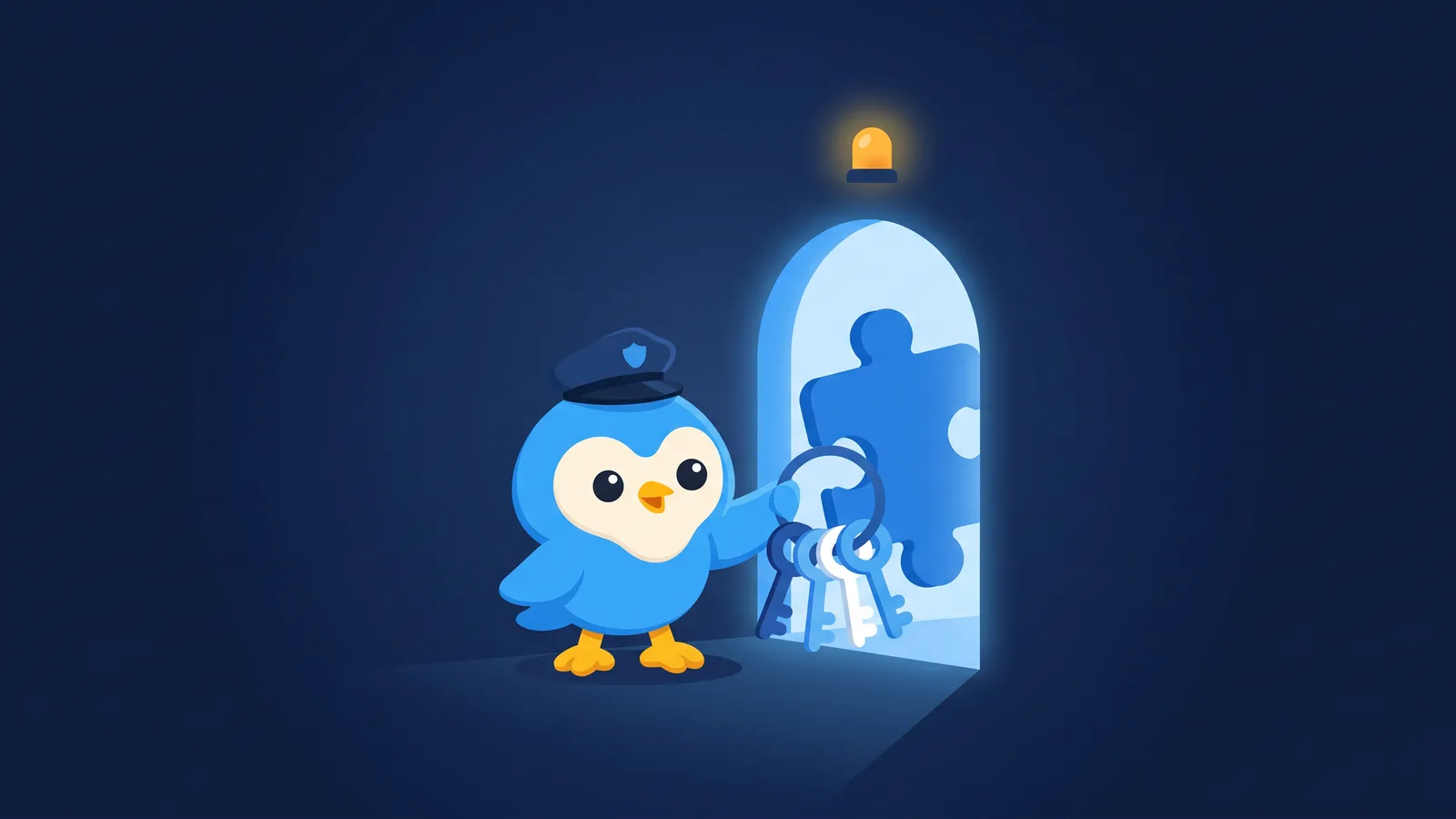 Pip in a guard cap stops a puzzle piece carrying a bigger ring of keys at a glowing doorway under an amber warning light
