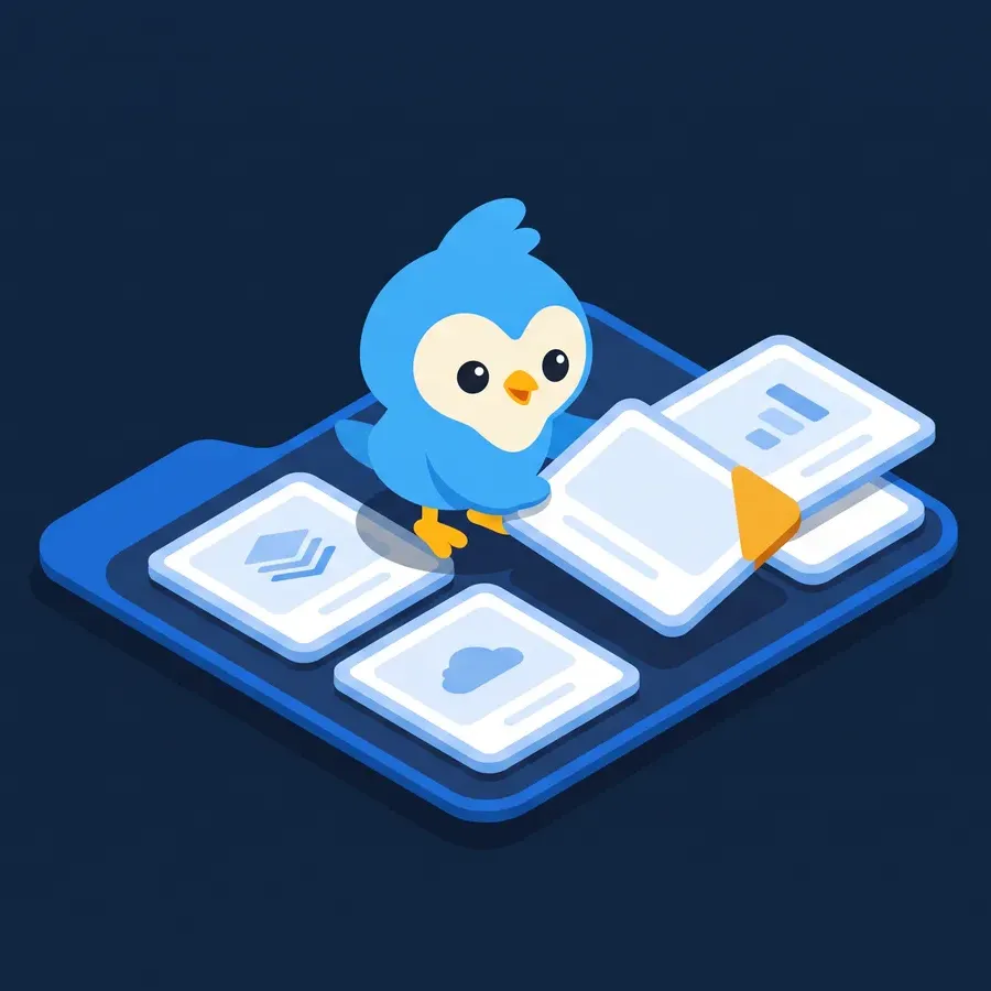 Pip, the blue bird mascot, arranging framed project cards in a portfolio folder, one card with an amber corner