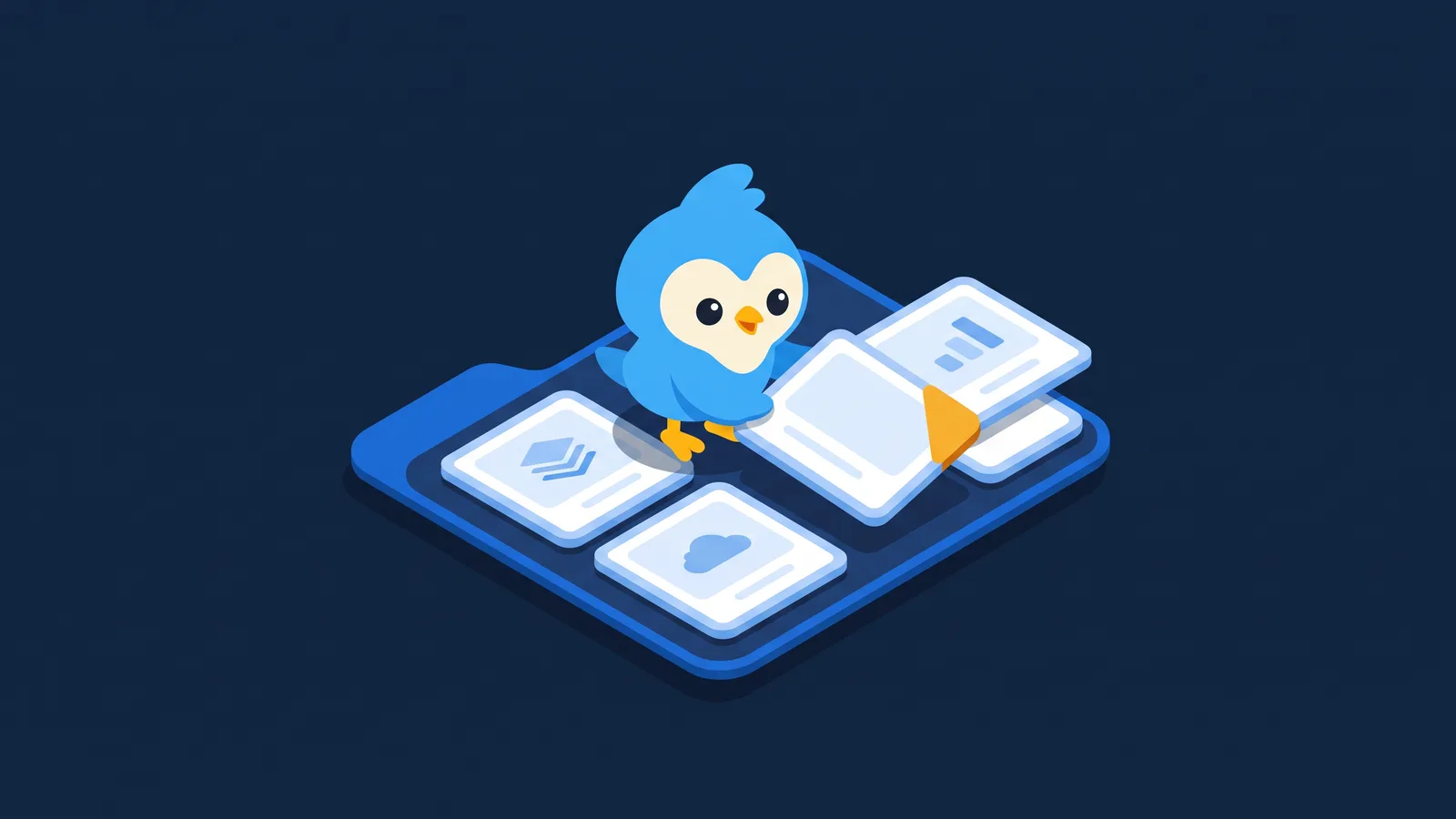 Pip, the blue bird mascot, arranging framed project cards in a portfolio folder, one card with an amber corner