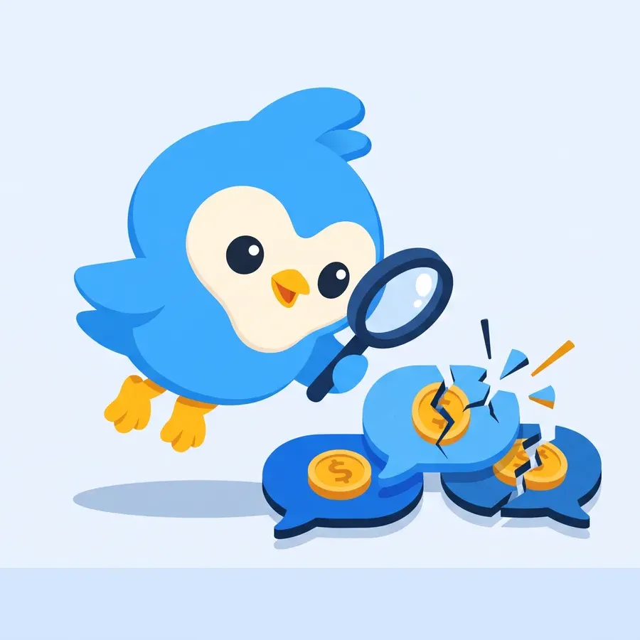 Pip, the blue bird mascot, holding a magnifying glass over speech bubbles with coin symbols, some bubbles cracked