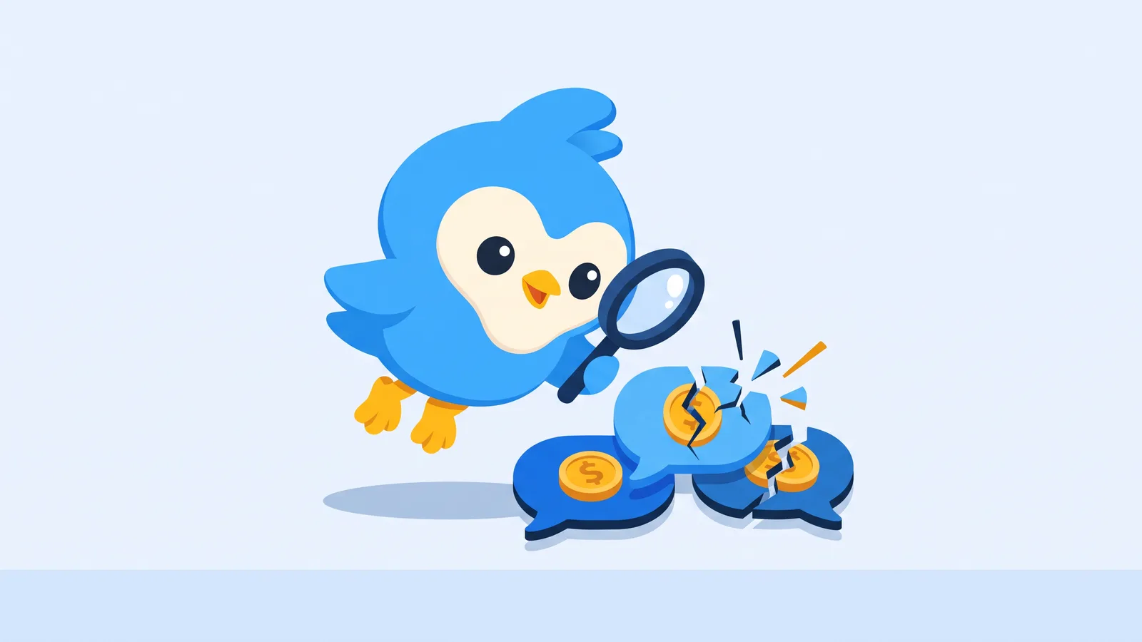Pip, the blue bird mascot, holding a magnifying glass over speech bubbles with coin symbols, some bubbles cracked