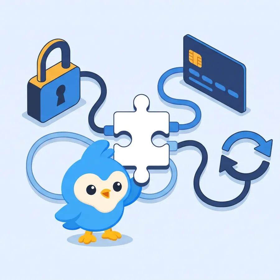 Pip, the blue bird mascot, connecting a padlock, a payment card and circular sync arrows to a central white puzzle piece with soft cables