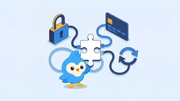 Pip, the blue bird mascot, connecting a padlock, a payment card and circular sync arrows to a central white puzzle piece with soft cables