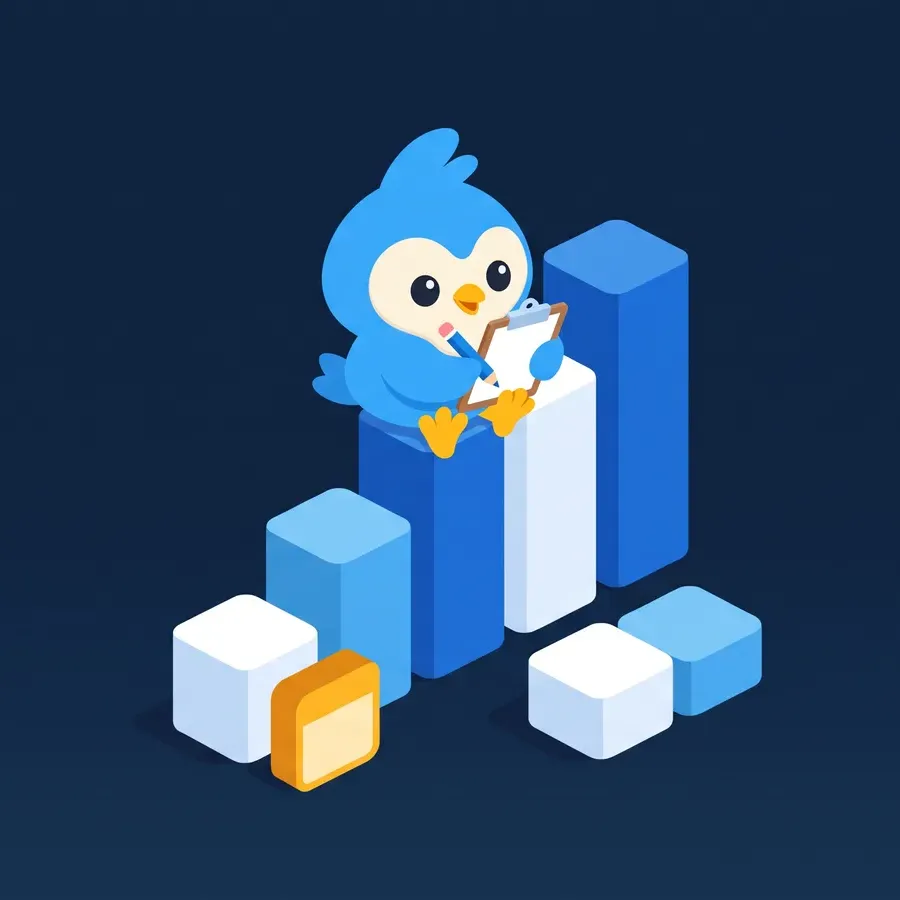 Pip sits on a stack of blue and white bar blocks, writing notes on a clipboard
