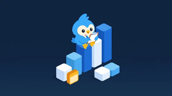 Pip sits on a stack of blue and white bar blocks, writing notes on a clipboard