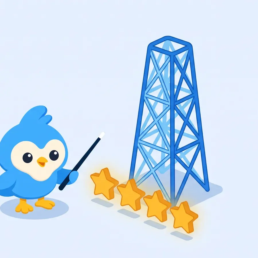 Pip points at a row of glowing gold stars next to a tall but hollow wireframe tower