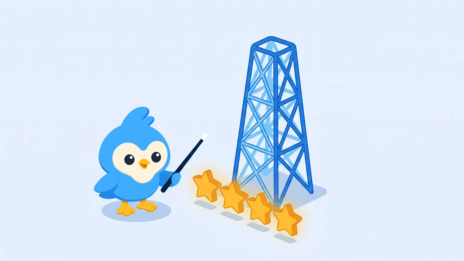 Pip points at a row of glowing gold stars next to a tall but hollow wireframe tower