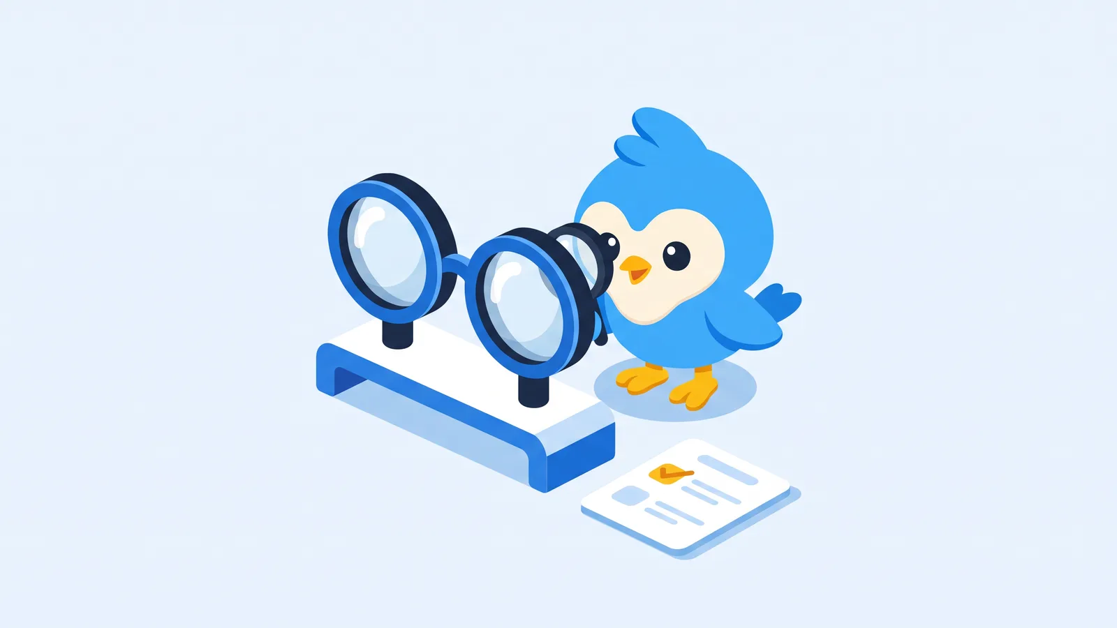 Pip, the blue bird mascot, looking through one of two lenses set up side by side on a small test bench, with a blank checklist card nearby