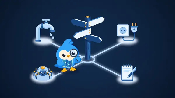 Pip holds a map at a signpost where four paths lead to a tap, a plug socket, a small spider robot and a notepad