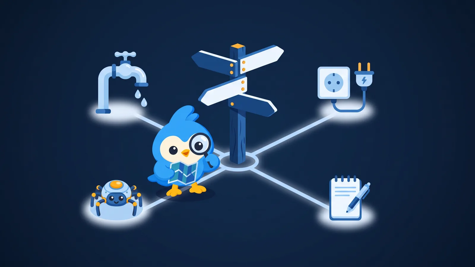 Pip holds a map at a signpost where four paths lead to a tap, a plug socket, a small spider robot and a notepad
