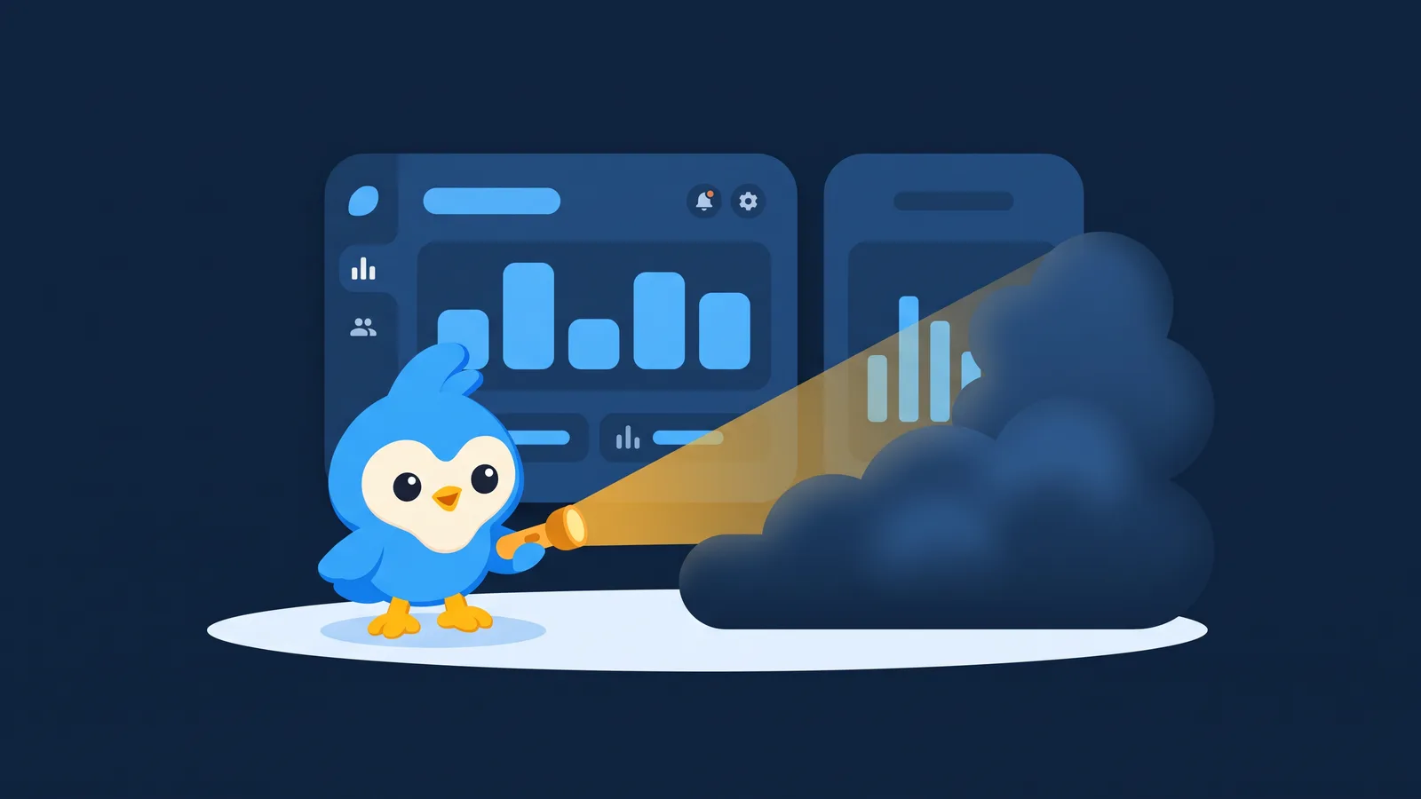 Pip shines a flashlight from a clear dashboard of its own bar charts into a fog hiding a rival's data, on a navy background