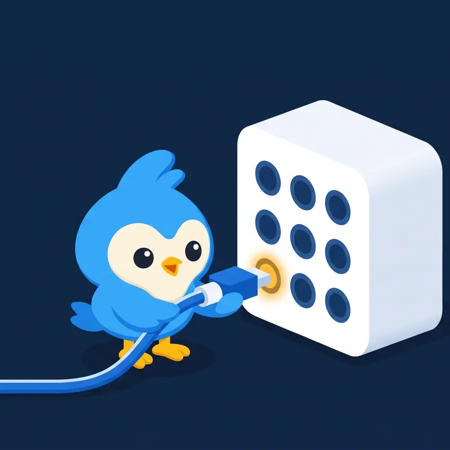 Pip, the blue bird mascot, plugging a cable into a socket of a large white server block, a few sockets dimmed