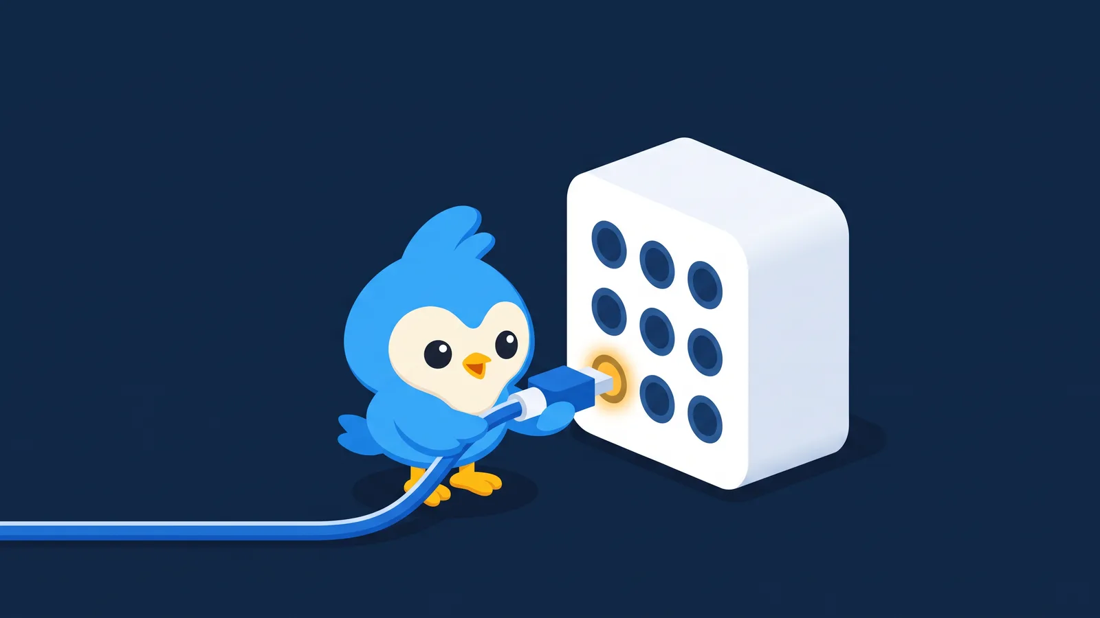 Pip, the blue bird mascot, plugging a cable into a socket of a large white server block, a few sockets dimmed