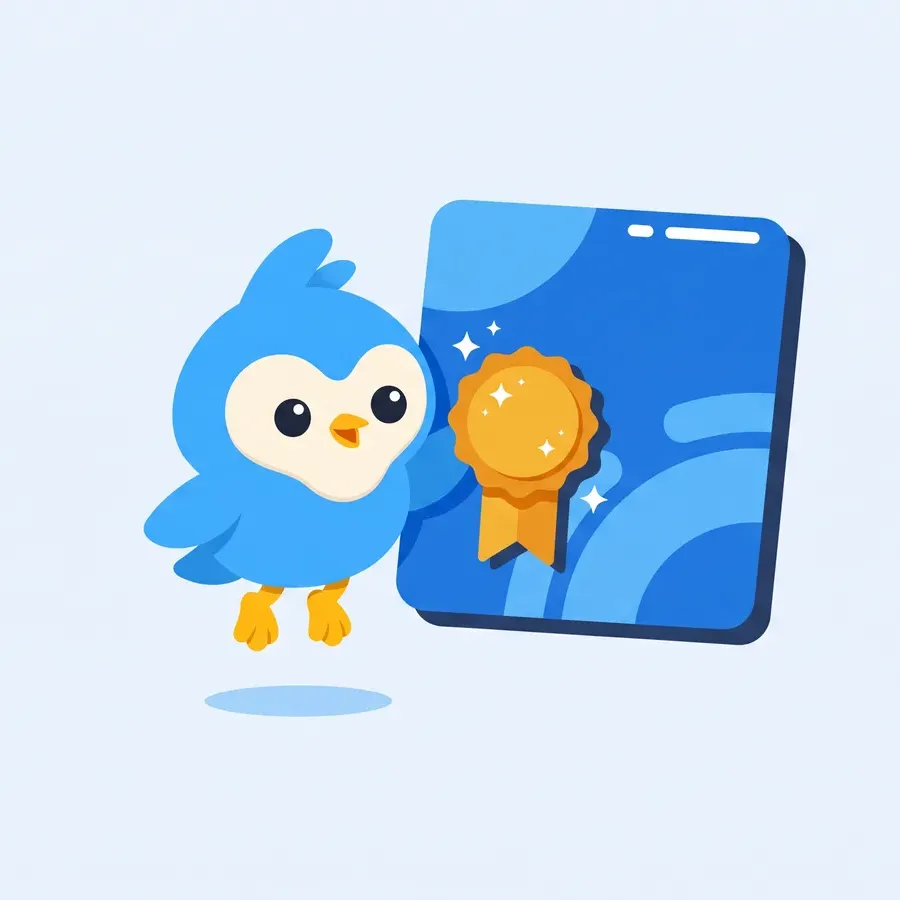 Pip, the blue bird mascot, pinning a round ribbon badge onto a large card, small sparkles, the badge amber