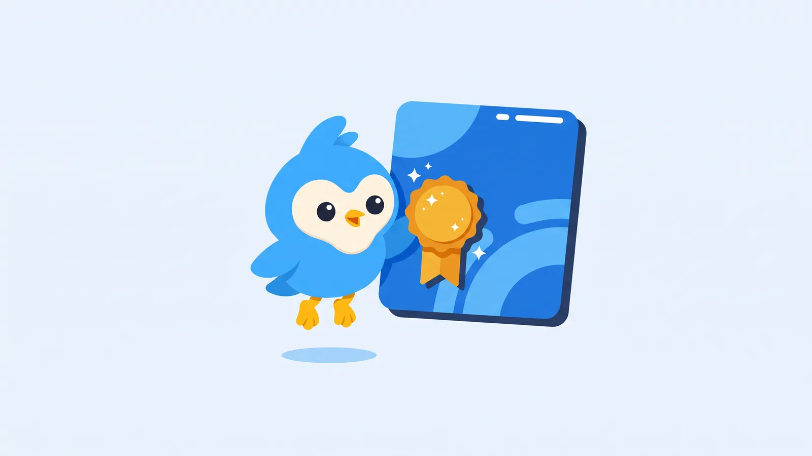 Pip, the blue bird mascot, pinning a round ribbon badge onto a large card, small sparkles, the badge amber