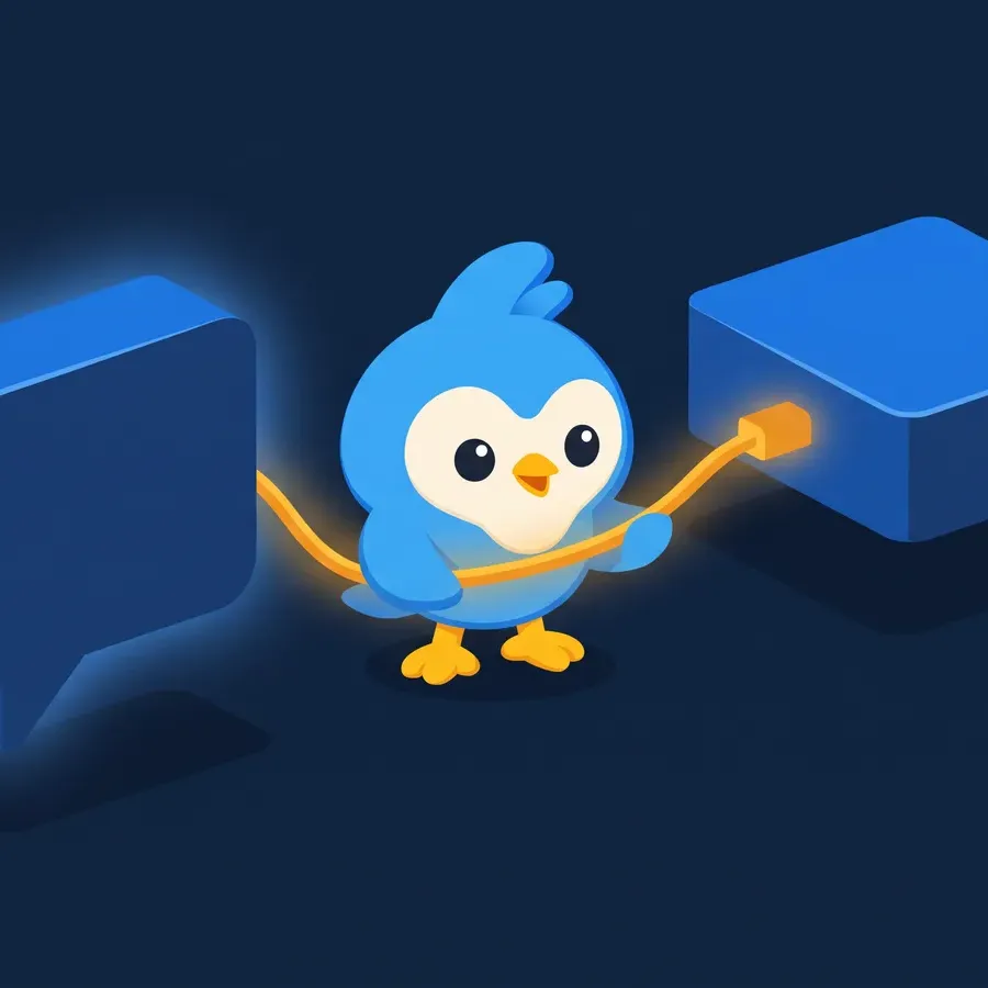 Pip, the blue bird mascot, connecting two floating blocks with a glowing bridge cable, one block a chat bubble