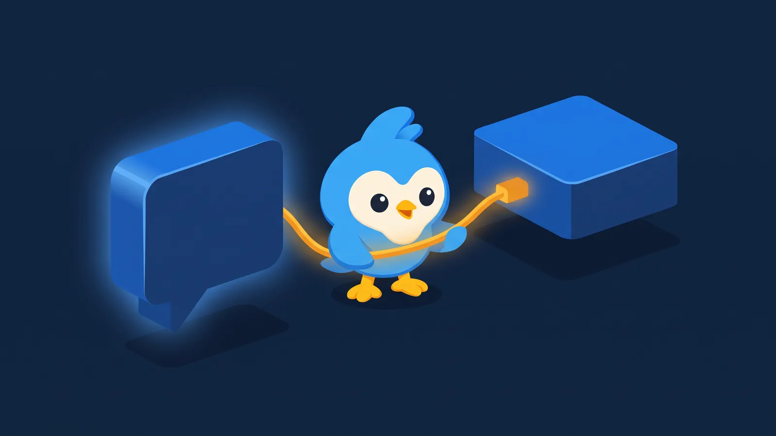 Pip, the blue bird mascot, connecting two floating blocks with a glowing bridge cable, one block a chat bubble